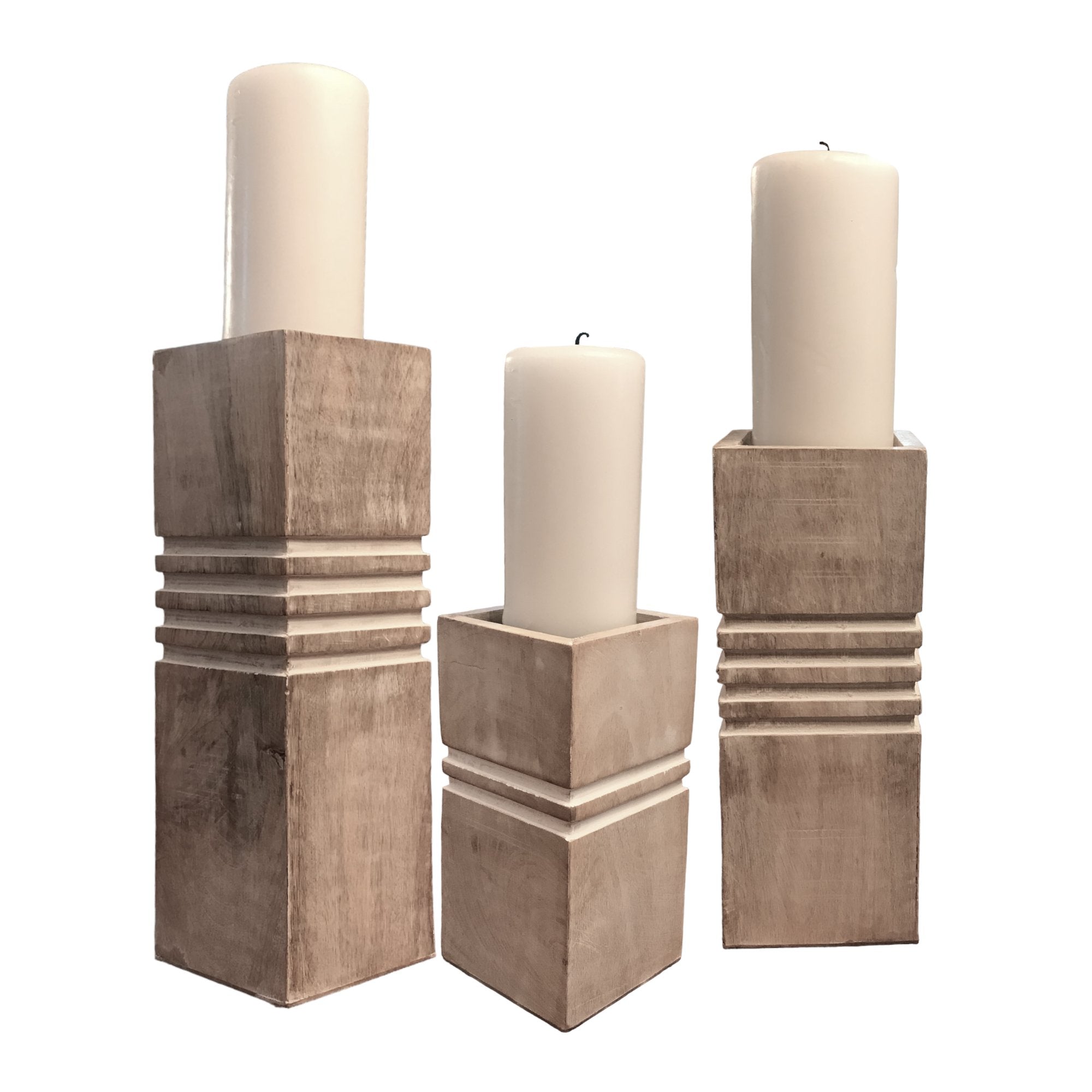 Set of 3 Mango Wood Cubic Pillar Candle Holders - HER Home Design Boutique